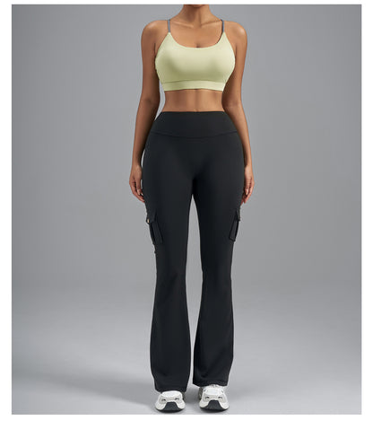 Single-Side Brushed Cargo Flare Yoga Pants, Breathable High Waist Butt Lifting Pocket Naked Feel Slim Fitness Leggings