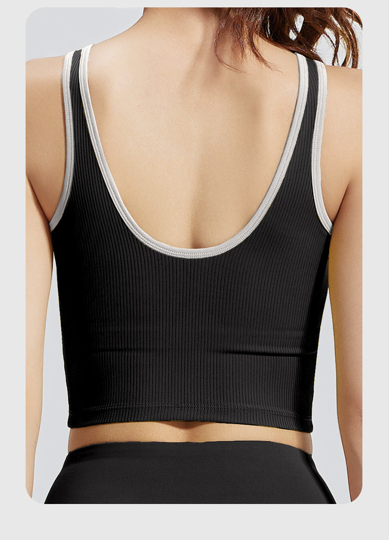 New Color-Block Zip-Up Striped Yoga Tank Top for Women, Slim Fit, Breathable, Built-in Fixed Chest Pad, Shock Absorption Sports Bra