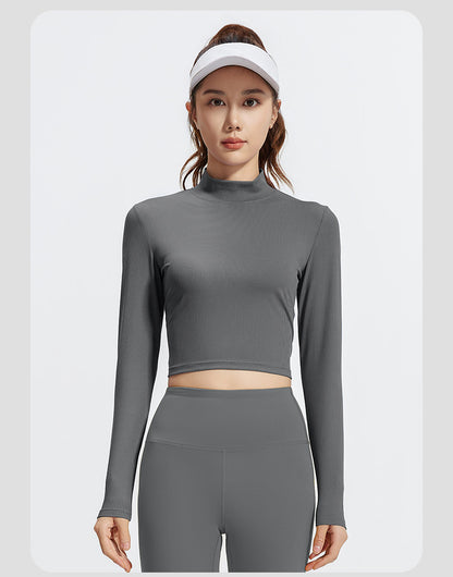 Women's Mock Neck Long Sleeve Yoga Top, Striped & Solid Color, Slim Fit, Breathable High Stretch Workout Shirt