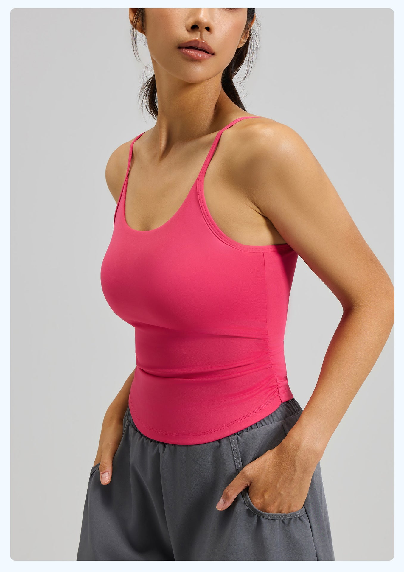 Women’s Waist Cinched Ruched Yoga Tank Top, Integrated Fixed Cup Camisole Bra with Compression Contour Fit for Daily Fitness Training