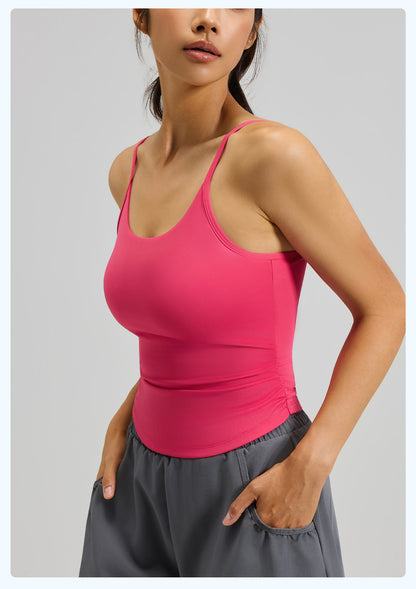 Women’s Waist Cinched Ruched Yoga Tank Top, Integrated Fixed Cup Camisole Bra with Compression Contour Fit for Daily Fitness Training