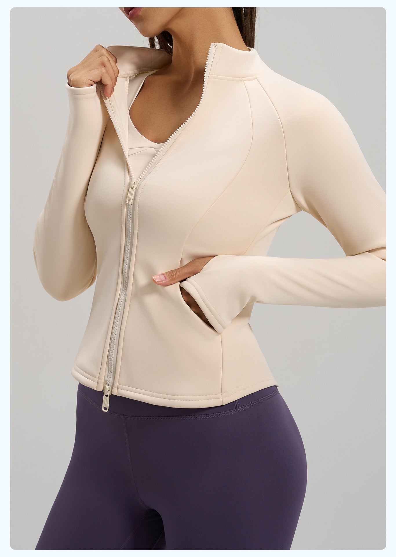 Peach Velvet Stand Collar Coat, Autumn Winter New Arrival, Fleece Lined Thickened Warm Yoga Jacket with Pockets