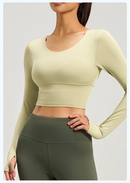 Women's Crisscross Beauty Back Long Sleeve Yoga Top, Built-in Bra, Slim Fit Sports Fitness Shirt