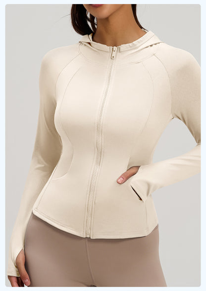 Women's New Spring Hooded Yoga Jacket with Pockets, Slim Fit Workout Sports Coat