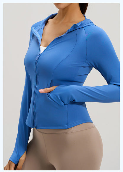 Women's New Spring Hooded Yoga Jacket with Pockets, Slim Fit Workout Sports Coat