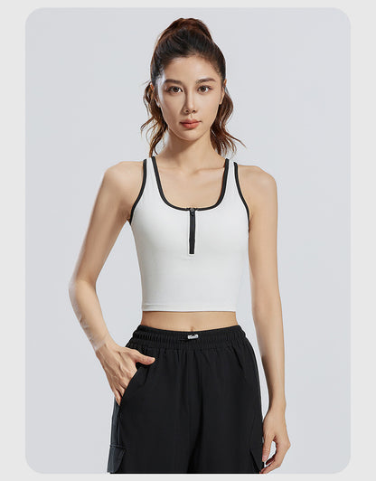 New Color-Block Zip-Up Striped Yoga Tank Top for Women, Slim Fit, Breathable, Built-in Fixed Chest Pad, Shock Absorption Sports Bra