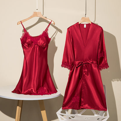 Girls' Battleship Spring/Summer sleepwear, Women's Sensual Five-Piece Silk Thin Nightgown with Padded Bra