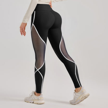 Color Block Mesh Yoga Pants, High Waist Butt Lifting Sports Leggings for Running & Workout