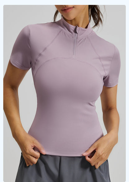 New Summer Women Half-Zip Yoga Short Sleeve T-Shirt, Slim Fit High-Stretch Breathable Fitness Athletic Top, Sweat-Wicking Sport Tee for Outdoor Running, Gym Training & Daily Workout