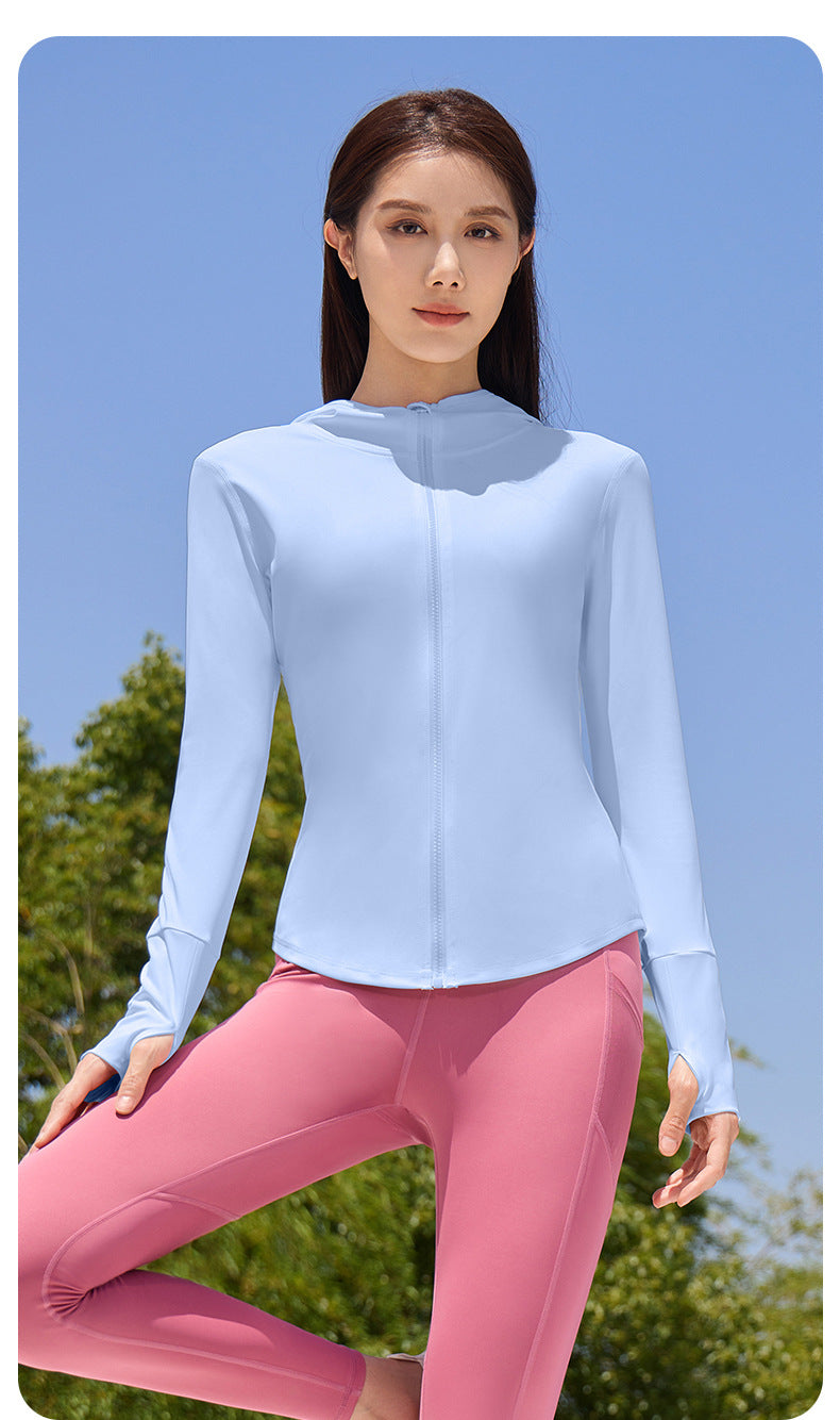 New Women’s Hooded Sports Jacket – Lightweight Breathable Long Sleeve Outdoor Yoga Coat for Cycling & Fitness