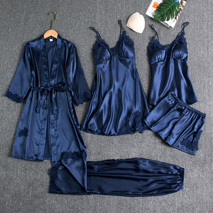 Girls' Battleship Spring/Summer sleepwear, Women's Sensual Five-Piece Silk Thin Nightgown with Padded Bra