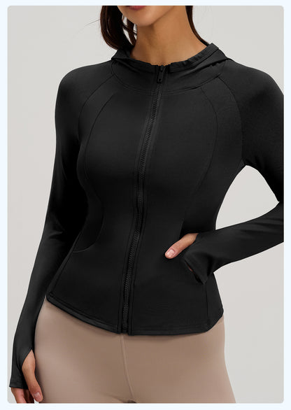 Women's New Spring Hooded Yoga Jacket with Pockets, Slim Fit Workout Sports Coat