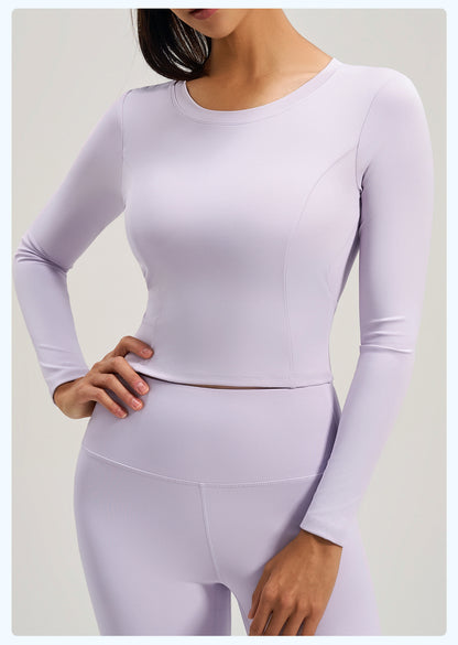 Women's New Ruched Slim Fit Long Sleeve Yoga Top, Beauty Back Design With Built-in Pads For Running Fitness