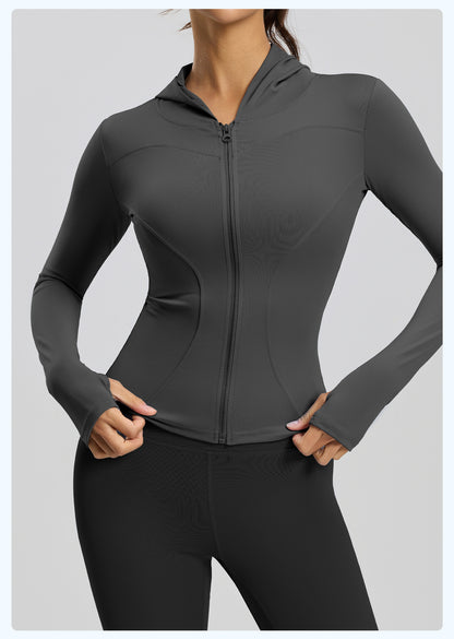 Women’s Slim Fit Hooded Yoga Jacket – Long Sleeve Sports Coat for Spring & Autumn, Running & Cycling
