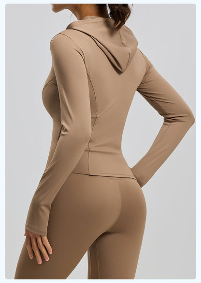 Women’s Slim Fit Hooded Yoga Jacket – Long Sleeve Sports Coat for Spring & Autumn, Running & Cycling