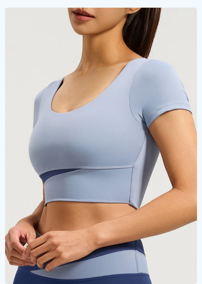 Women's Color Block Yoga Short Sleeve, Slim Fit Workout Top with Built-in Bra