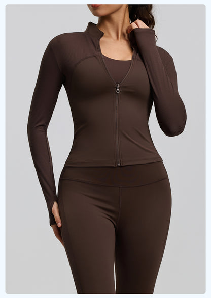 Women's New Striped Sports Jacket, Slim Fit Stand Collar, Outdoor Running Yoga Jacket