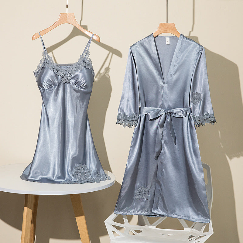 Girls' Battleship Spring/Summer sleepwear, Women's Sensual Five-Piece Silk Thin Nightgown with Padded Bra