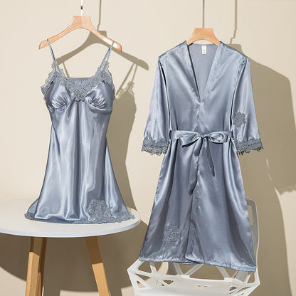 Girls' Battleship Spring/Summer sleepwear, Women's Sensual Five-Piece Silk Thin Nightgown with Padded Bra