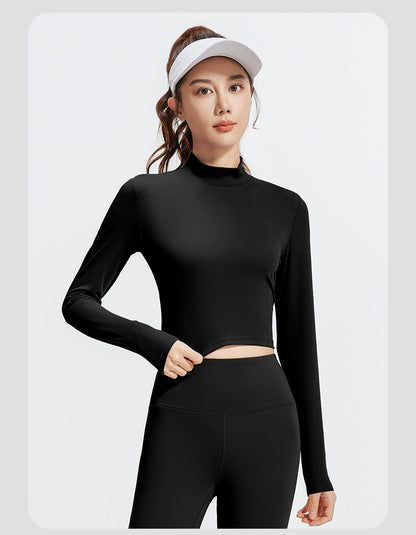 Women's Mock Neck Long Sleeve Yoga Top, Striped & Solid Color, Slim Fit, Breathable High Stretch Workout Shirt