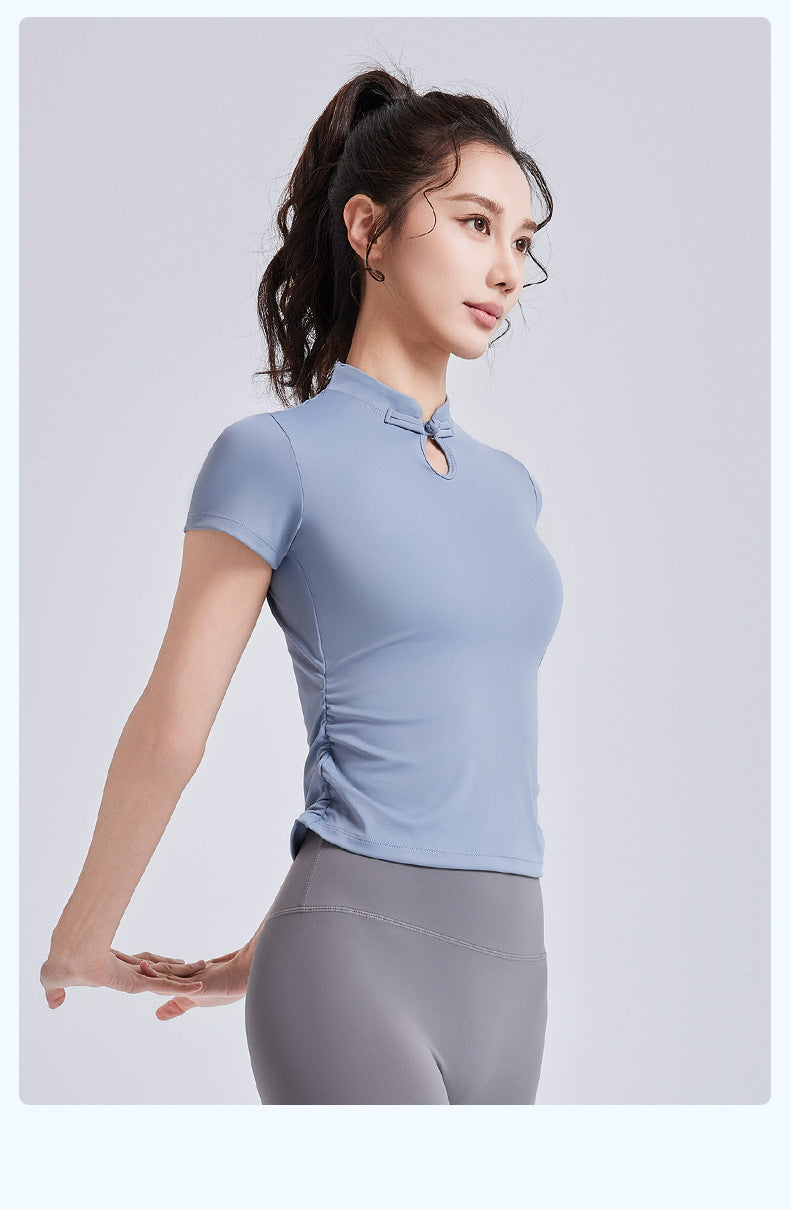 New Chinese Style Yoga Short Sleeve for Women, Frog Button Traditional Sports Top, Summer Chinese-Chic Yoga Wear
