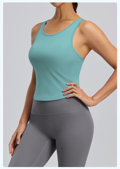 Peach Hip Yoga Tank Top, One-piece Fixed Cup Crew Neck Slim Anti-chafing Sports Vest