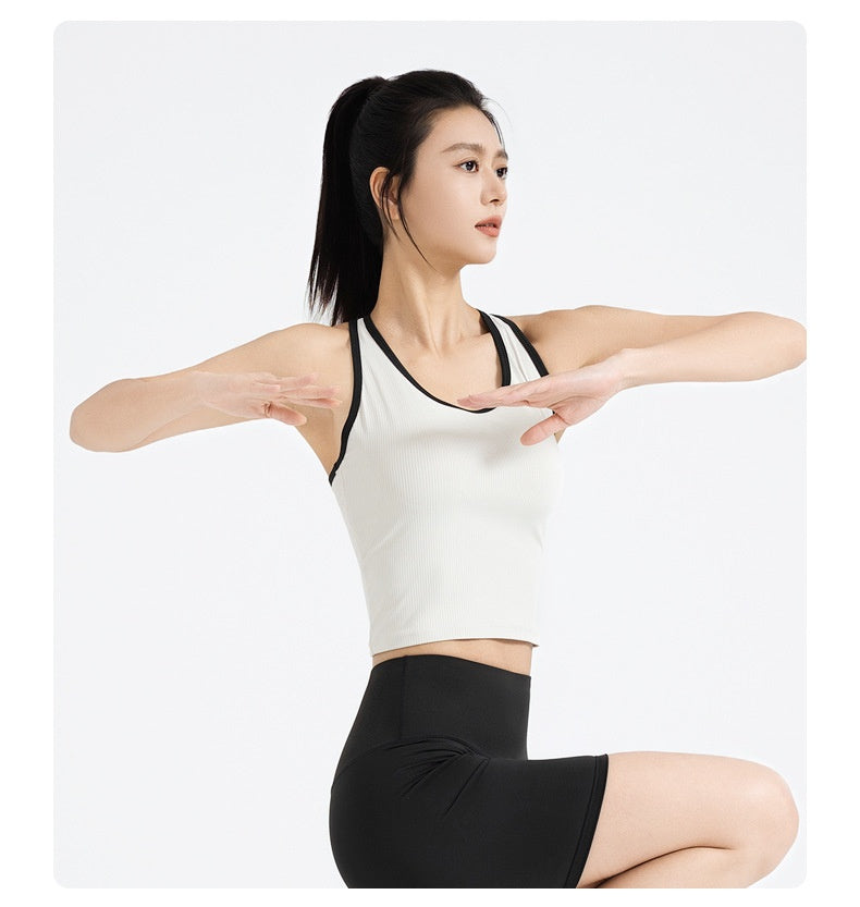 New Striped Ribbed Sports Tank for Women, Built-in Padded Bra, Slim Fit Beauty Back Design, Ideal for Fitness & Yoga