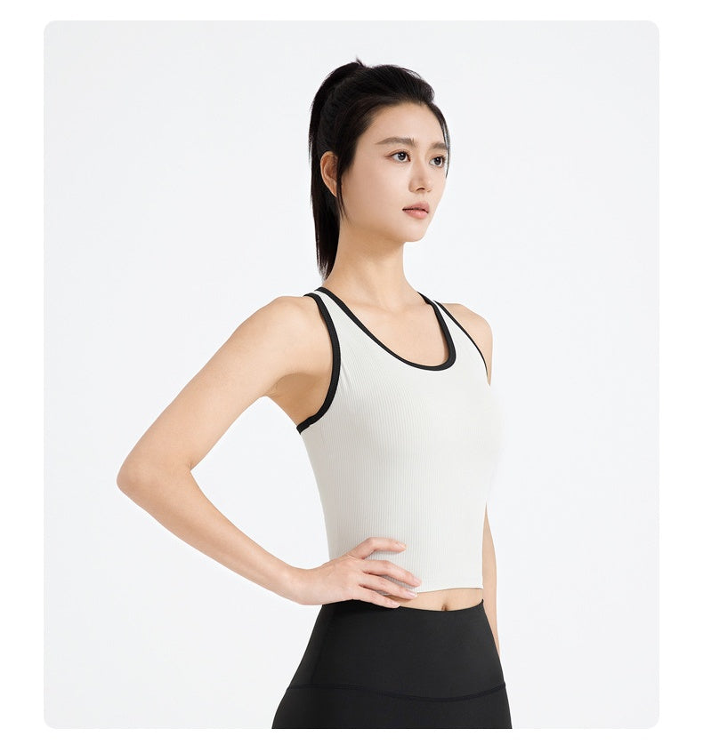 New Striped Ribbed Sports Tank for Women, Built-in Padded Bra, Slim Fit Beauty Back Design, Ideal for Fitness & Yoga