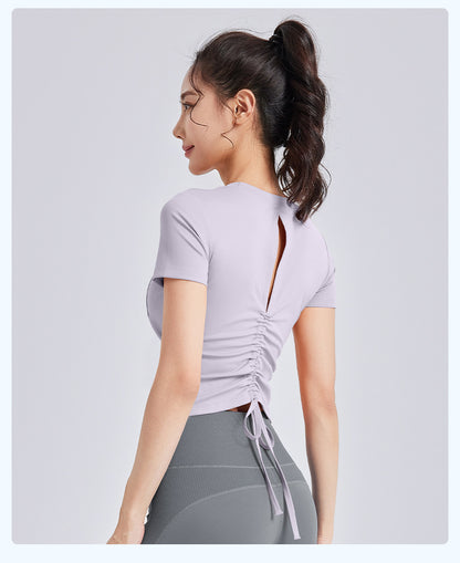 New Drawstring Ruched Yoga Crop Top for Women, Built-in Fixed Chest Pad, Slim Fit Beauty Back Sports Fitness Top