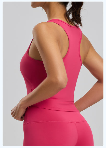 Peach Hip Yoga Tank Top, One-piece Fixed Cup Crew Neck Slim Anti-chafing Sports Vest