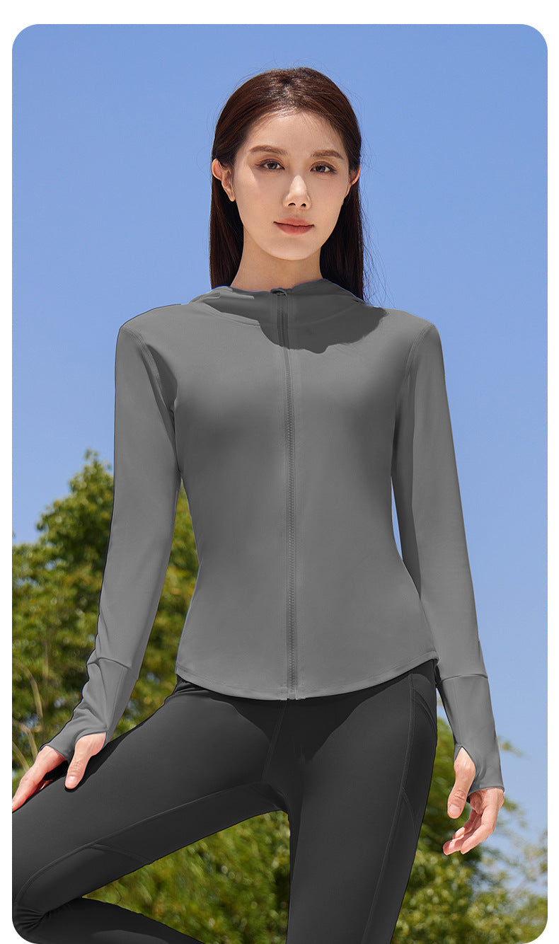 New Women’s Hooded Sports Jacket – Lightweight Breathable Long Sleeve Outdoor Yoga Coat for Cycling & Fitness
