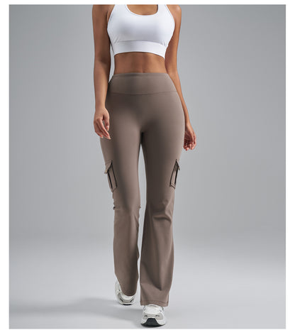 Single-Side Brushed Cargo Flare Yoga Pants, Breathable High Waist Butt Lifting Pocket Naked Feel Slim Fitness Leggings