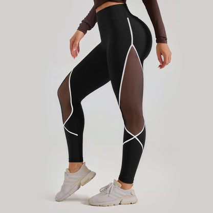 Color Block Mesh Yoga Pants, High Waist Butt Lifting Sports Leggings for Running & Workout