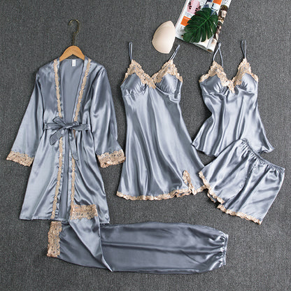 Girls' Battleship Spring/Summer sleepwear, Women's Sensual Five-Piece Silk Thin Nightgown with Padded Bra