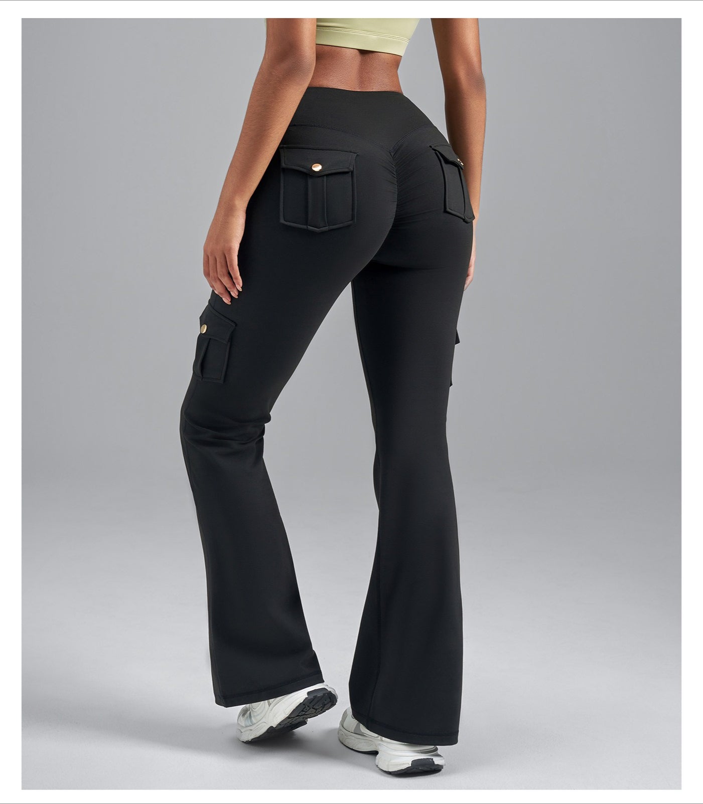 Single-Side Brushed Cargo Flare Yoga Pants, Breathable High Waist Butt Lifting Pocket Naked Feel Slim Fitness Leggings