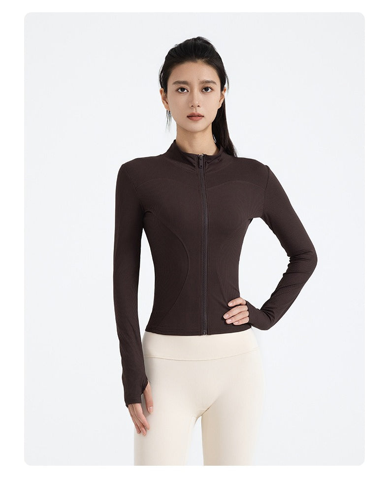 New Striped Yoga Jacket, Slim Fit Ribbed Long Sleeve, Lightweight Stretchy Sports Outerwear for Women