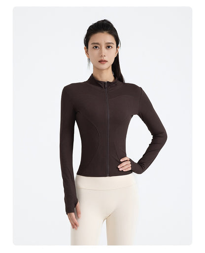 New Striped Yoga Jacket, Slim Fit Ribbed Long Sleeve, Lightweight Stretchy Sports Outerwear for Women