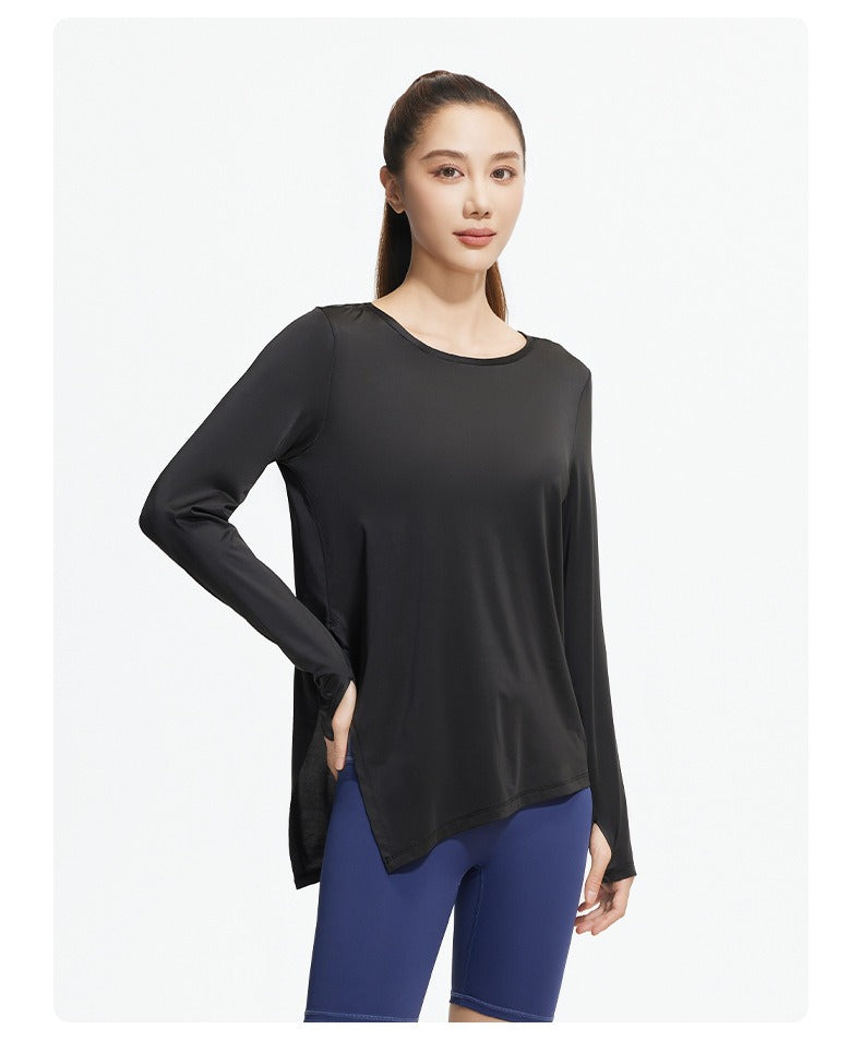 New Ice Silk Long Sleeve Yoga Top, Cool Breathable Loose Split Hem Yoga Cover Up Shirt
