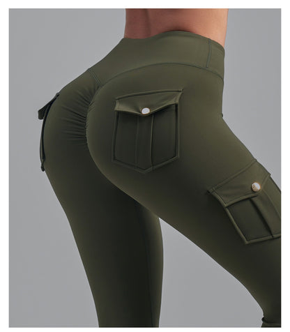 Brushed Cargo Pocket Yoga Pants, Women's Peach Hip Tight Quick Dry Butt Lifting Sports Fitness Leggings