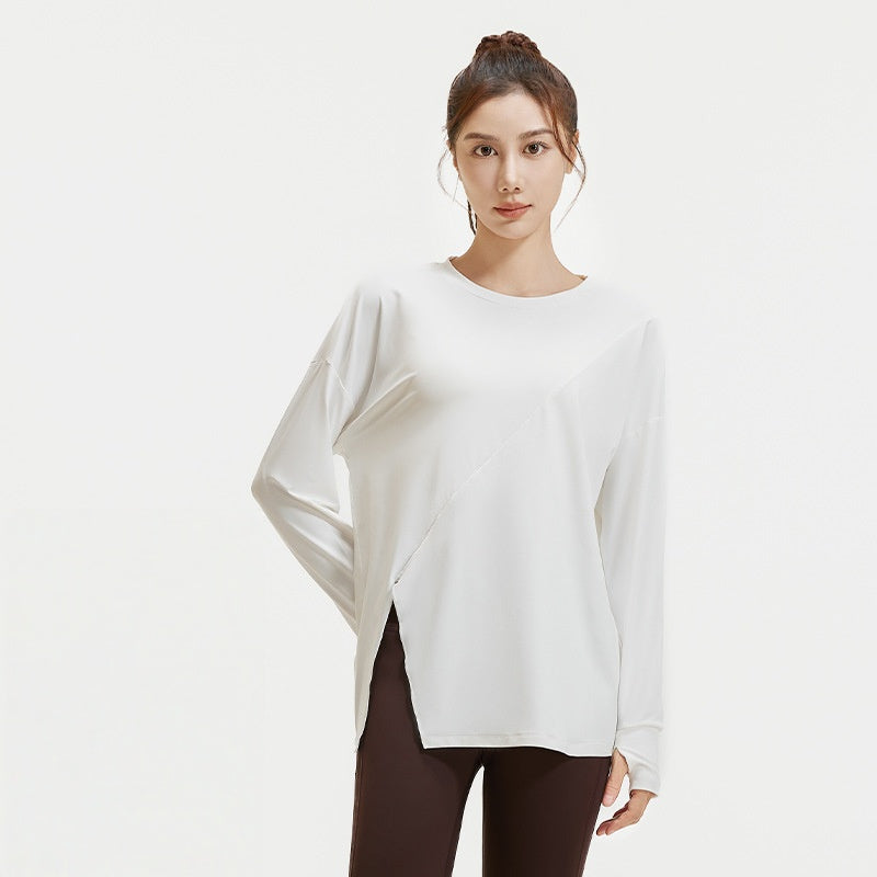 New Split Hem Loose Long Sleeve Yoga Top for Women, Breathable Sports Shirt for Running, Training & Fitness