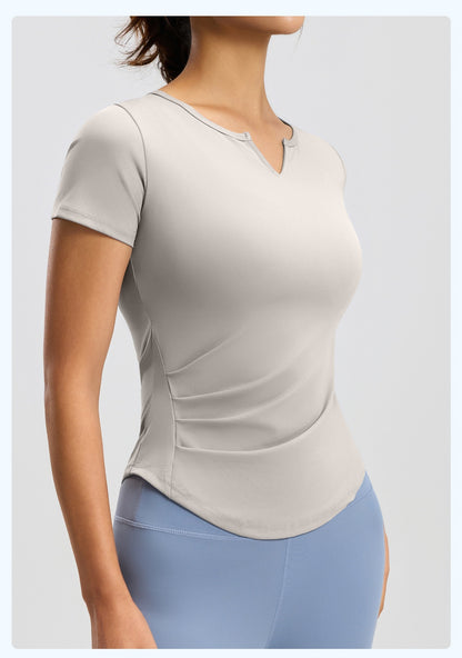 Women's V-Neck Ruched Yoga Short Sleeve – Naked Feel, Quick-Dry, Workout Running Top