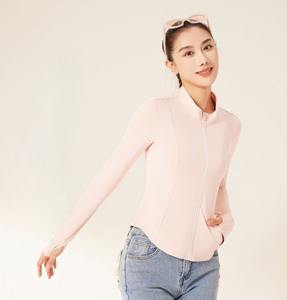 Women's Slim Stand Collar UV Protection Jacket, Summer Breathable Raw Yarn Sunscreen Top, Slim Fit No Hat Yoga Sports Coat
