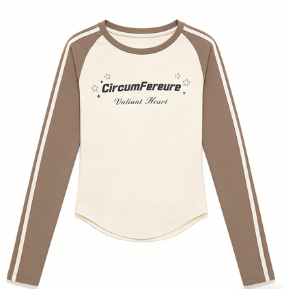 Women's Retro Crew Neck Long Sleeve Yoga Shirt, Letter Print Color Block Ribbon, High Stretch Slim Fit Top