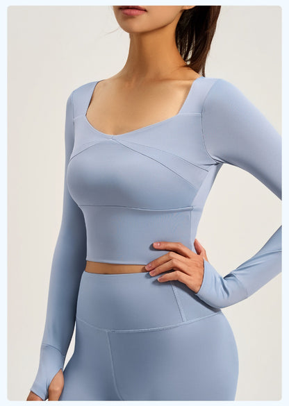 Women's Spliced Long Sleeve Yoga Top with Built-in Bra Pad, Breathable Slim Fit Sports Workout Shirt for Running Fitness