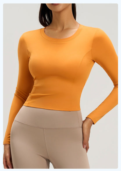 Women's New Ruched Slim Fit Long Sleeve Yoga Top, Beauty Back Design With Built-in Pads For Running Fitness