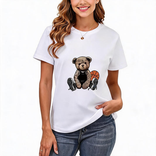 200GSM Women Premium Pure Cotton Graphic Print T Shirt Casual Crew Neck Short Sleeve Fashion Printed Ladies Daily Tops 102