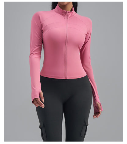 Plus Size Zip Up Sports Jacket, Stretch Slim Fit Yoga Top, Euro Size Figure-Flattering Long Sleeve Workout Coat for Women