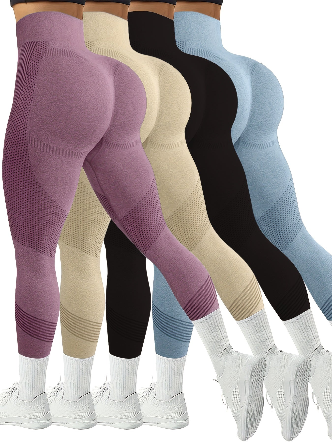 Women’s 4-Pack Seamless Striped Stretch Workout Yoga Leggings, Everyday Athletic Activewear Pants Multipack