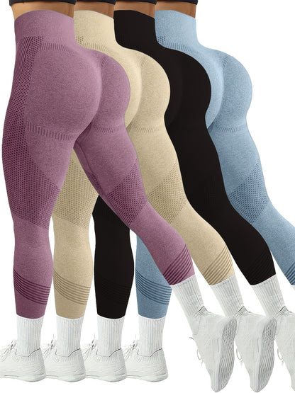 Women’s 4-Pack Seamless Striped Stretch Workout Yoga Leggings, Everyday Athletic Activewear Pants Multipack