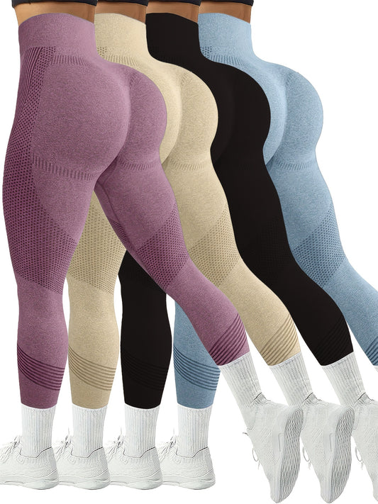 Women’s 4-Pack Seamless Striped Stretch Workout Yoga Leggings, Everyday Athletic Activewear Pants Multipack